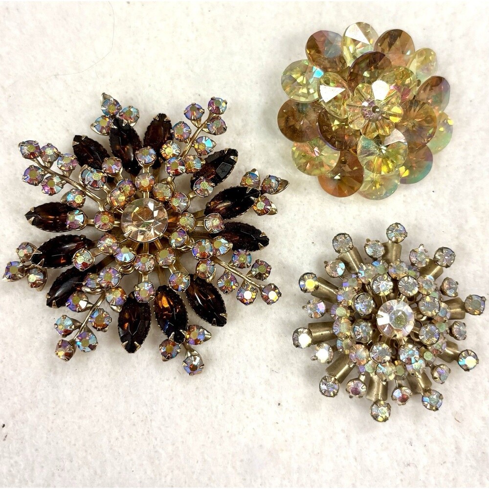 Vintage AB Rhinestone Brooch Lot Atomic Starburst Rivoli Flower Amber Gold Tone